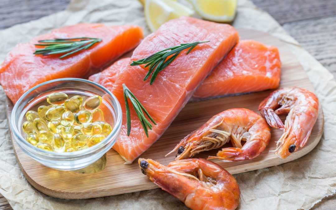 Sources of Omega-3 acid (salmon, shrimps, Omega-3 pills)